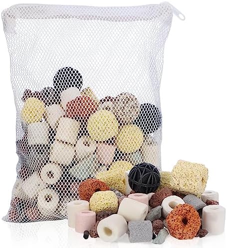 Segarty Filter Media,12 in 1 Bio Media for Aquarium Sump Filter Ceramic Rings Activated Carbon Bio Balls Freshwater Marine Biological Filter Media for Koi Fish Tank Pond Canister (1.1lb with Mesh Bag)