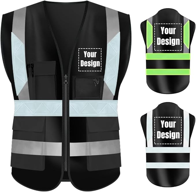 YOWESHOP High Visibility Safety Vest Custom Your Logo Protective Workwear 5 Pockets With Reflective Strips Outdoor Work Vest (S, Black Luminous)