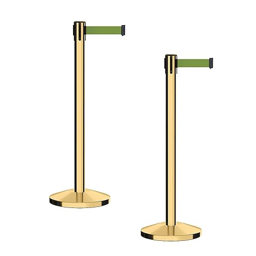 CCW Series RBB-100 - Set of 2 Stanchion Retractable Belt Barriers (7.5 Foot Belt, Olive Belt with Polished Brass Post)