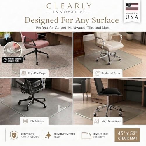 Tempered Glass Office Chair Mat for Carpet & Hardwood, 45" x 53", Clear