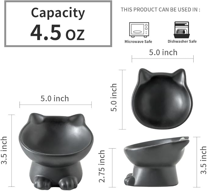 Nihow Slanted Elevated Cat Bowls: 5 Inch Ceramic Raised Cat Food Bowl for Protecting Pet's Spine - Microwave & Dishwasher Safe -Matte Black (4.5 OZ /1 PC)