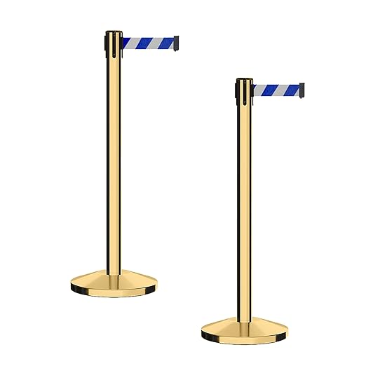 CCW Series RBB-100 - Set of 2 Stanchion Retractable Belt Barriers (11 Foot Belt, Blue and White Diagonal Belt with Polished Brass Post)
