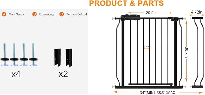 Wide Baby Gate for Stairs Doorways 30" Tall 34 to 38.5 Inch Wide Pressure Mounted Baby Gate Walk Through Child Gates for Kids or Pets Indoor Safety Gates