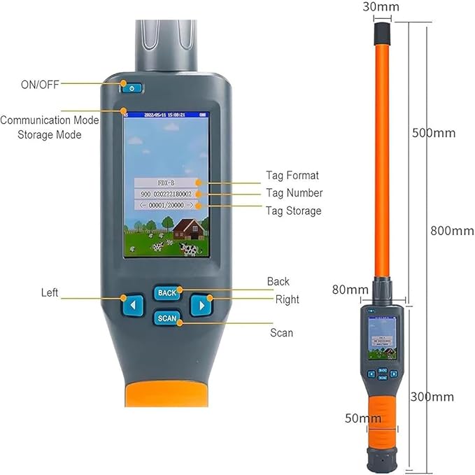 Animal Ear Tag Stick Scanner with LCD Display, Pet Microchip Scanner Reader Handheld Universal RFID Tag Identifier, Quick (<100ms) Reading & 20000 Records Storage, 30s Auto Power Off