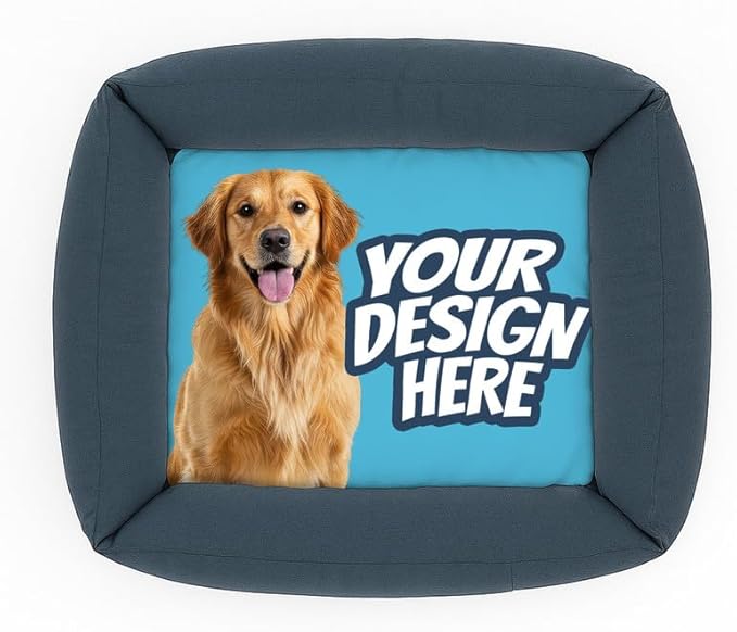 Ships Next Day, Made in USA - Custom Dog Bed – Dog/Puppy Bed w/Navy Blue Base - Personalized Pet Photo Upload - Indoor Use - Ideal Gift - Available in 3 Sizes (23.5x20 Inches)