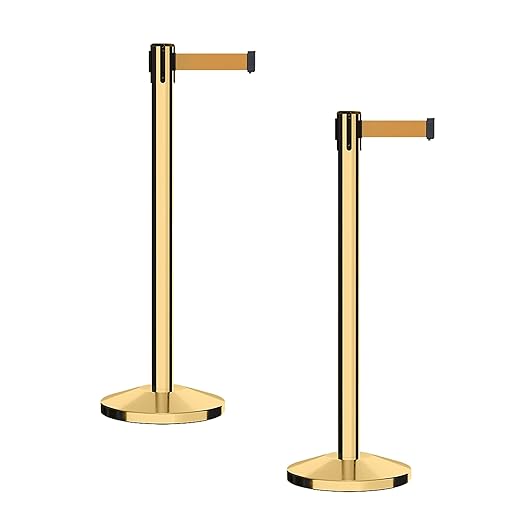 CCW Series RBB-100 - Set of 2 Stanchion Retractable Belt Barriers (7.5 Foot Belt, Brown Belt with Polished Brass Post)
