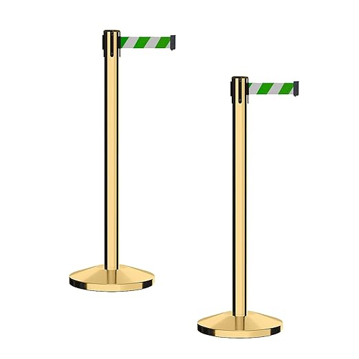 CCW Series RBB-100 - Set of 2 Stanchion Retractable Belt Barriers (9 Foot Belt, Green and White Diagonal Belt with Polished Brass Post)