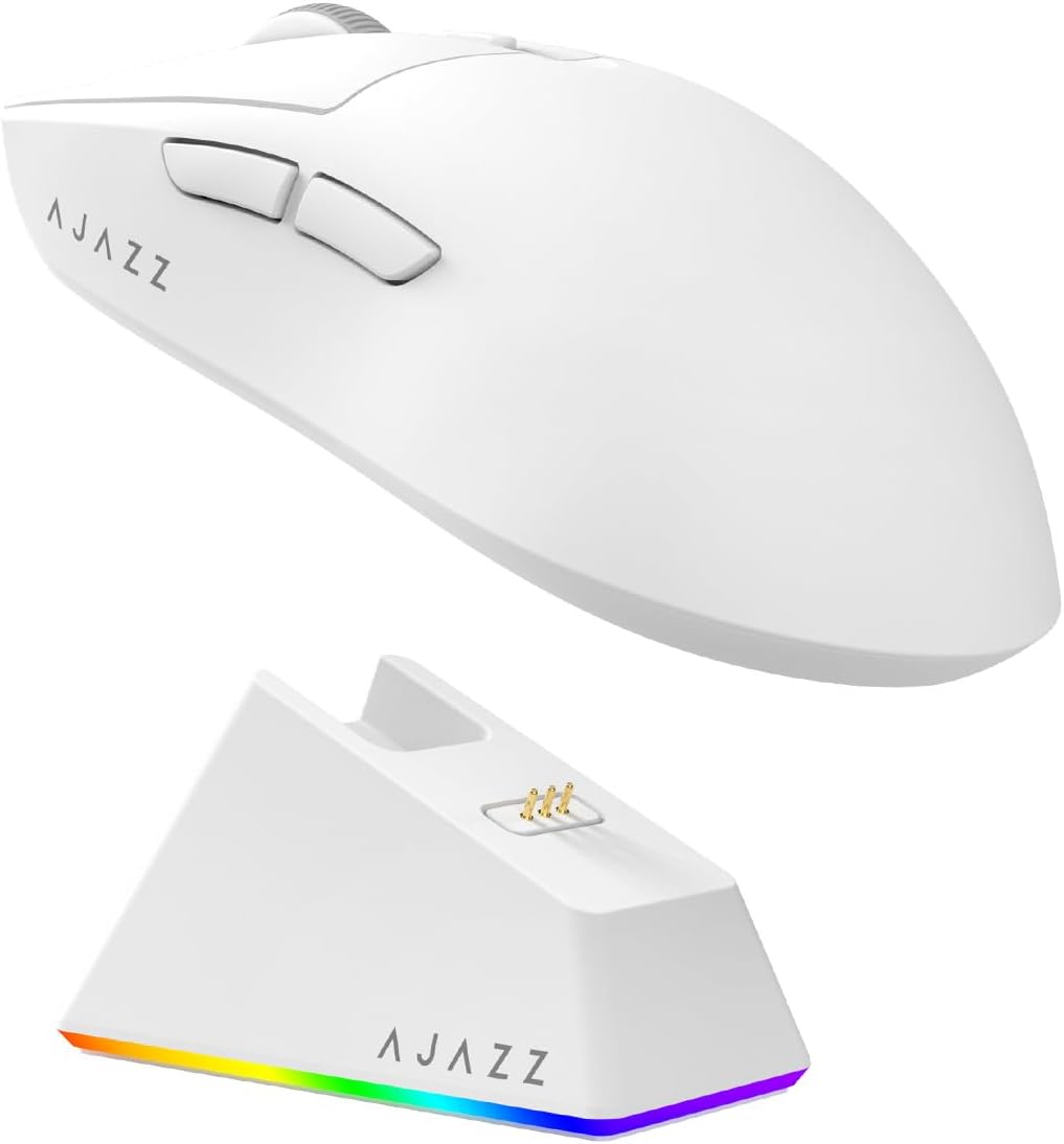 AJAZZ AJ139 V2 MC Wireless Gaming Mouse with RGB Charging Dock, 66g Ultra-Lightweight Tri-Mode Optical Mouse, 24000 DPI PAW3311 Sensor, Ergonomic Rechargeable Gaming Mouse for PC/Mac - White