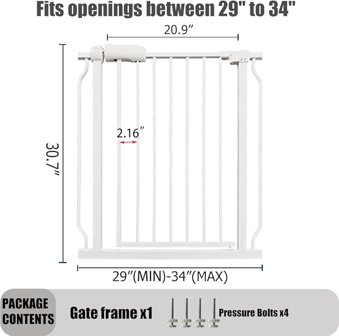 29-34 Inch Baby & Pet Gate - White Metal, Pressure Mounted, Walk Through Safety Gate for Narrow Stairs & Doorways