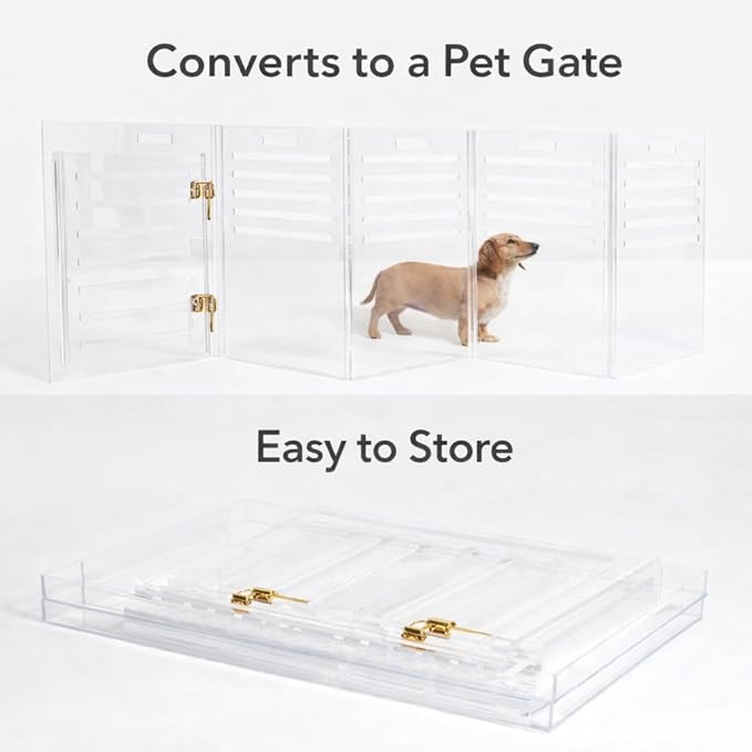 Clear Acrylic Small Dog Crate Furniture with Blush Cushion for Small Dogs up to 22 lbs, 3 in 1 Pet Crate and Gate, Modern Furniture Style Indoor Kennel, Dual Gold Latch, 16 x 24 x 18 in