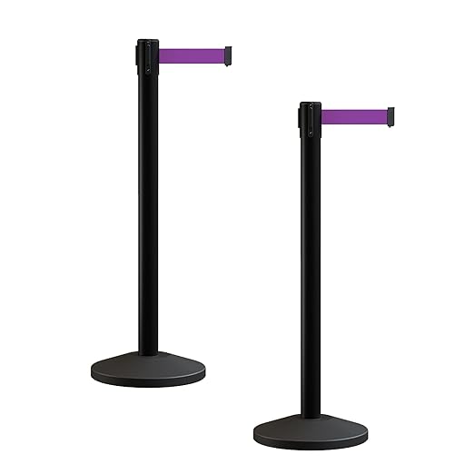 Crowd Control Warehouse CCW Series RBB-100 - Set of 2 Stanchion Retractable Belt Barriers - 11 Foot, Purple Belt with Black Post - Easy Assembly