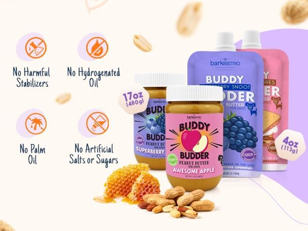 BUDDY BUDDER Barkin Banana + Pumpkin Pup, 100% All Natural Dog Peanut Butter, Peanut Butter Dog Treat, Made in USA (Set of 2 | 17oz ea)