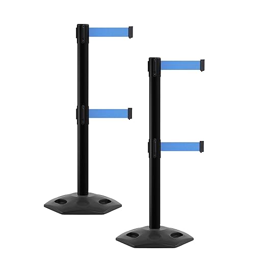 CCW Series WBB-200D - Set of 2 Retractable Dual Belt Barrier Stanchion, Heavy Duty Rubber Base, Black Post (7.5 Foot Belt, Light Blue Belt)