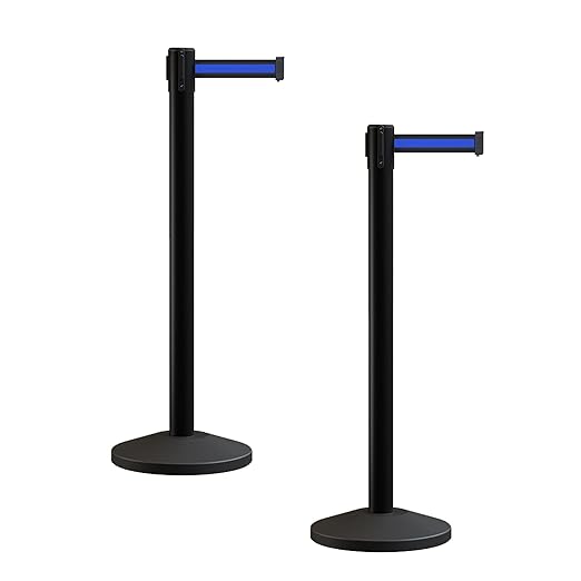 Crowd Control Warehouse CCW Series RBB-100 - Set of 2 Stanchion Retractable Belt Barriers - 11 Foot, Black Horizontal Blue Stripe Belt with Black Post - Easy Assembly