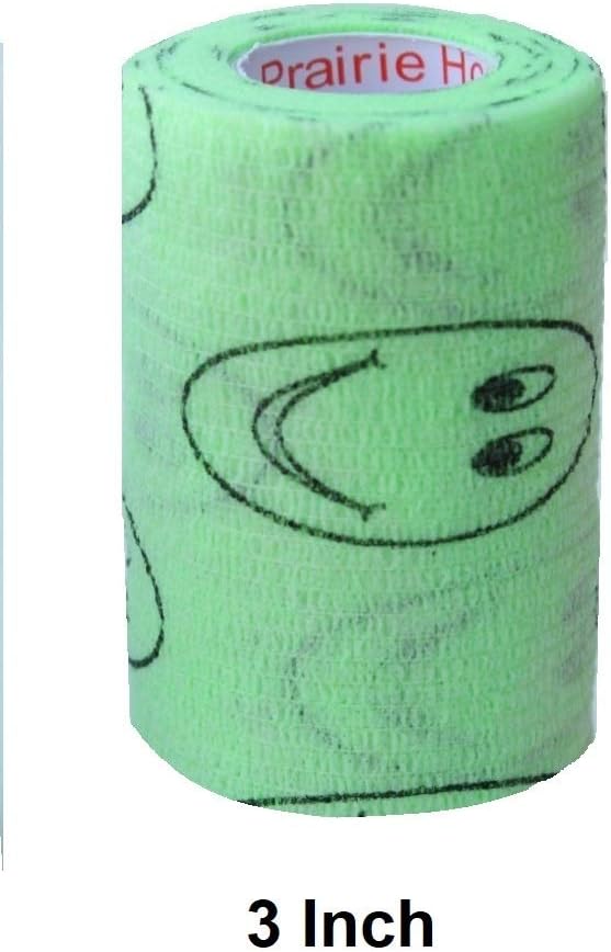 Vet Wrap Wrap Tape (Green with Smiles Pattern) (2 Pack) (3 Inch x 15 feet) Self Adhesive Adherent Adhering Cohesive Flex Self Stick Bandage Grip Roll Dog Cat Pet Horse