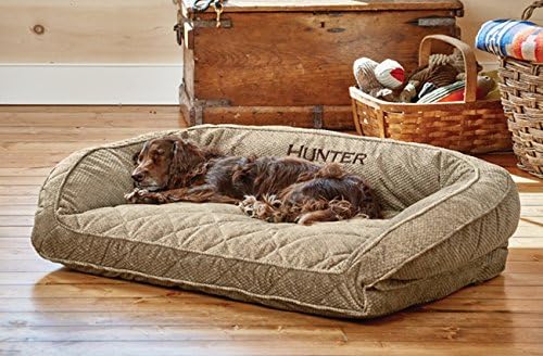 Orvis ComfortFill-Eco Bolster Dog Bed - Plush Rectangular Dog Beds with Three-Sided Bolster for Leaning, Brown Tweed - M