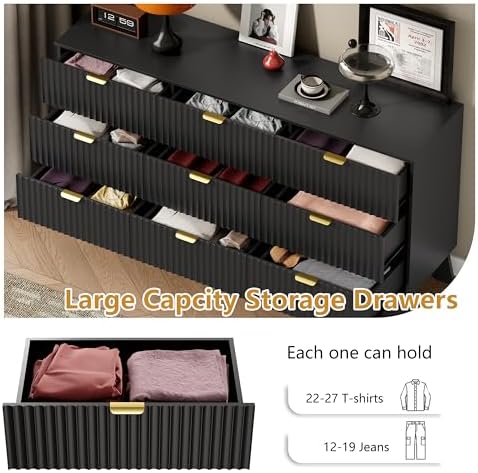 Wodeer 9 Drawer Fluted Dresser for Bedroom, Mid Century Modern Dresser with 9 Drawers, Dressers & Chests of Drawers with Metal Handle, TV Stand & Storage Organizer for Entryway, Hallway, Black