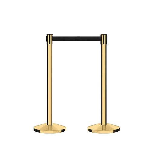 CCW Series RBB-100 - Set of 2 Stanchion Retractable Belt Barriers (7.5 Foot Belt, Blue Belt with Polished Brass Post)
