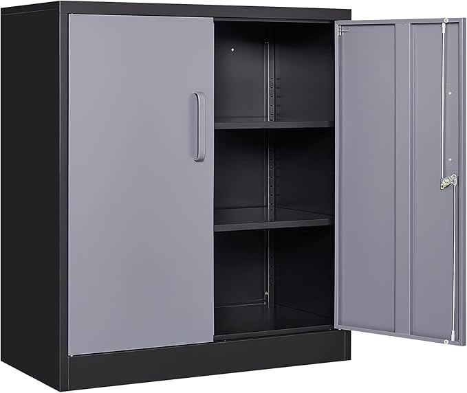 Yizosh Metal Garage Storage Cabinet with 2 Doors and 2 Adjustable Shelves - 35.5" Steel Lockable File Cabinet for Home Office,Garage,Gym,School（Gray Black）