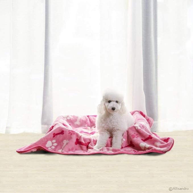 Allisandro Luxurious Dog Blanket, 350 GSM Super Fuzzy Microplush Fleece Pet Blankets for Small Medium Large Dogs and Cats, Pink Paw and Bone, 80" x 64”