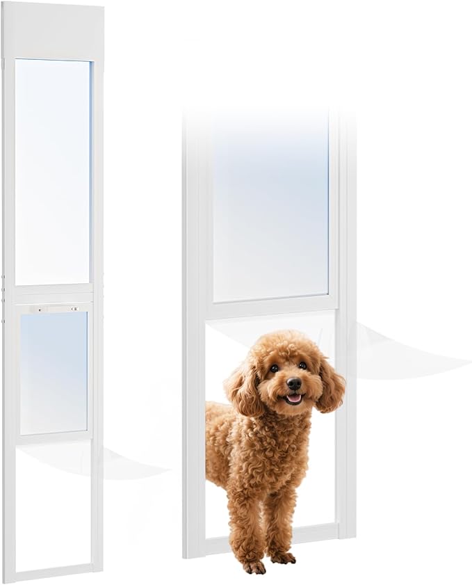 Docred Dog Door for Sliding Glass Door, 74 13/16" to 80 11/16" Adjustable Height Doggy Door for Sliding Doors, Pet Door Insert with Lock for Medium-Sized Dogs,White