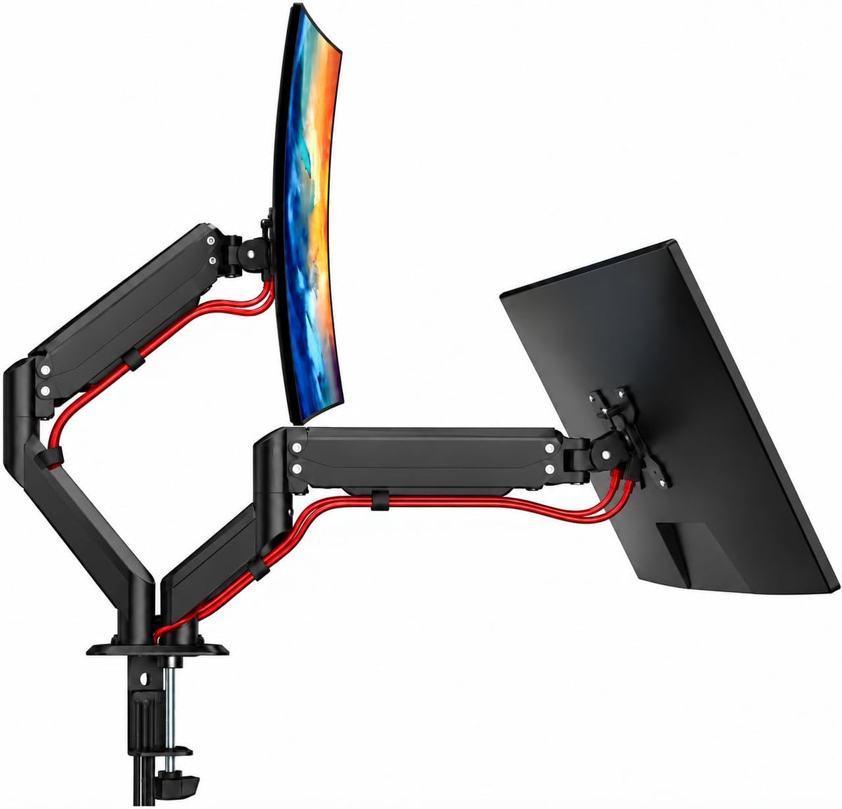 Dual Monitor Arm Stand – Adjustable Gas Spring Desk Mount for 2 Computer Screens, Full Motion Monitor Stand with Dual Clamp Base, Landscape & Portrait Rotation, Tilt & Swivel, Cable Management