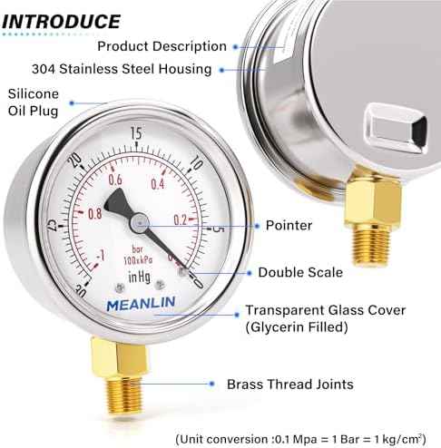 MEANLIN MEASURE -30inHG~0Psi Vacuum Gauge Stainless Steel 1/8" NPT 2"