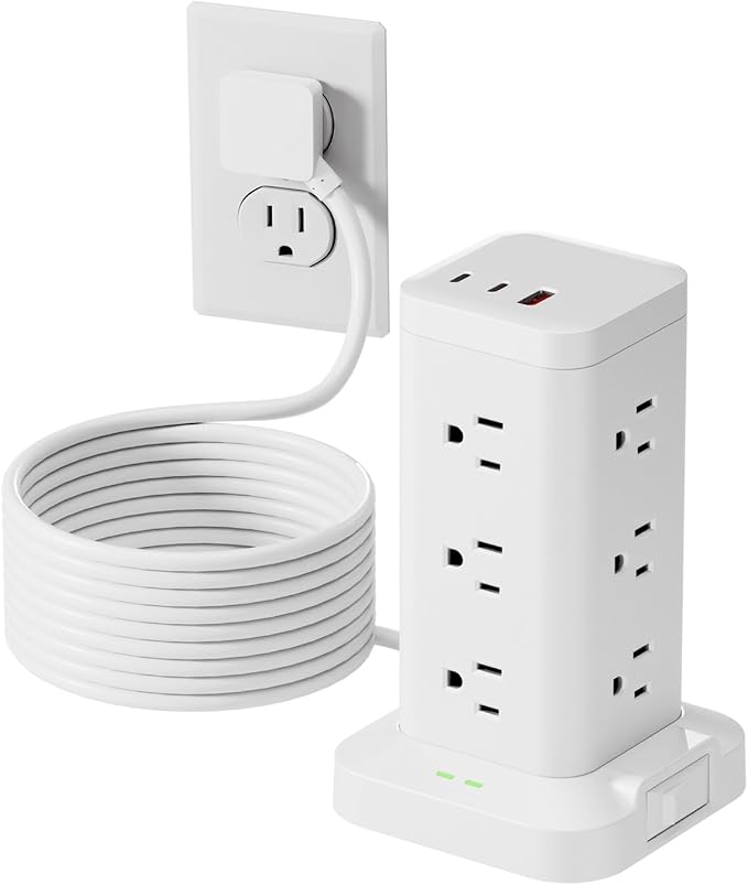 Power Strip Tower with Surge Protector 1800J, Fast Charging Tower PD20W USB-C Ports with 12 AC Outlets, 10ft Extension Cord for Home Office Dorm Room, White