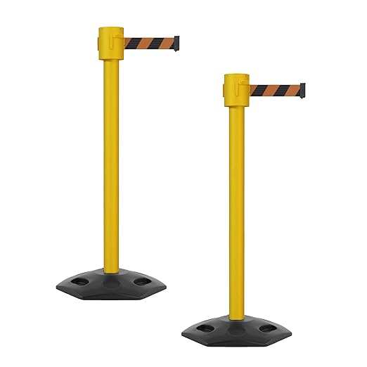 Montour Line MSR760 Set of 2 Retractable Belt Barrier Stanchion, Rubber Base, Yellow Post (35 ft Black and Orange Diagonal Belt)