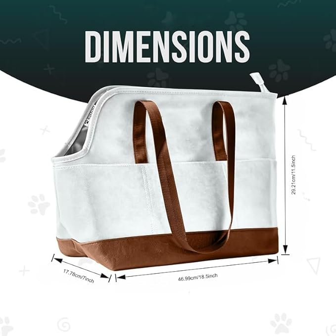 Premium Pet Carrier Tote Bag with Multiple Pockets, Brown/White PU Leather, 18.5L x 7W x 11.5H inches (White)