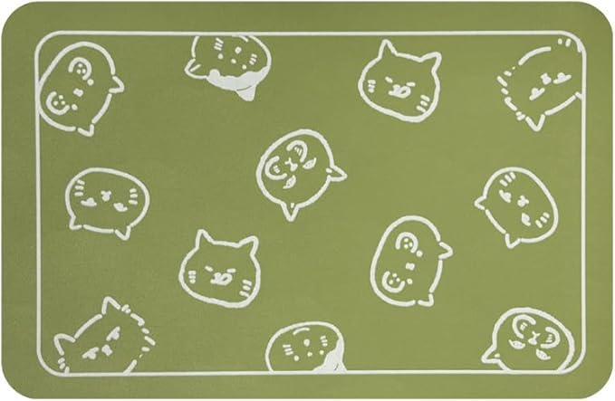 YCT Cat Food Mat, Cat Mat for Food and Water, Pet Feeding Mat, Non-Slip Super Absorbent, with Multiple cat Heads Logo, 18.1 x 11.8 inches, Green
