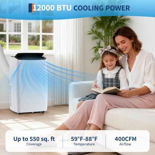12,000 BTU Portable Air Conditioner, Quiet Portable AC Unit Fits 550 Sq.Ft with Cooling Dehumidifier Fan, Sleep Mode, Auto Swing, 24H Timer, LED Display, Remote and Installation Kit