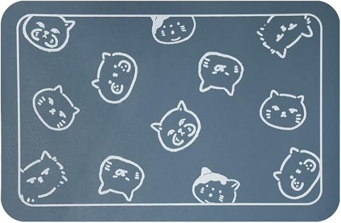 YCT Cat Food Mat, Cat Mat for Food and Water, Pet Feeding Mat, Non-Slip Super Absorbent, with Multiple cat Heads Logo, 18.1 x 11.8 inches, Blue