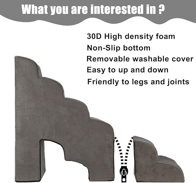 Dog Stairs for High Beds 25-30 inches Tall, 6-Step Dog Steps for High Bed for Doggies/Kitties, 30D Foam Pet Stairs Steps for Small Dogs, Doggie Ramp/Ladder for Old Dogs/Cats, Grey