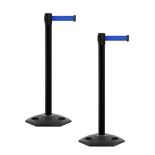 CCW Series WBB-200 Set of 2 Outdoor Safety Rubber Base Stanchion Retractable Belt Barriers - Easy to Assemble, No Tools Required (11 Foot Belt, Blue Belt with Black Post)