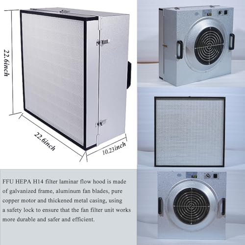 HEPA H14 Filtration Laminar Flow Hood（Include HEPA Filter）,FFU,Updated Fan Filter Unit, Laminar Air Flow Hood (22.6”x22.6”110V), 100/ISO Class 5 Cleanliness, for laboratories/clean rooms/Mushroom Room