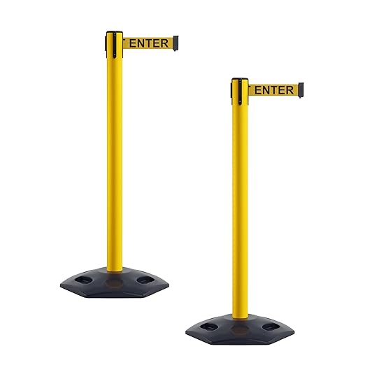 CCW Series WBB-200 Set of 2 Outdoor Safety Rubber Base Stanchion Retractable Belt Barriers - Easy to Assemble (11 Foot Belt, Yellow"Caution - DO NOT Enter" Black Letters Belt with Yellow Post)