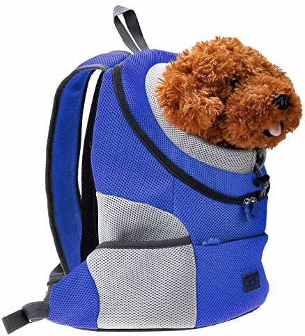Mogoko Airline Approved Cat Dog Backpack, Puppy Pet Carrier Front Bag with Breathable Head Out Design and Double Mesh Padded Shoulder for Outdoor Travel Hiking (L, Blue)