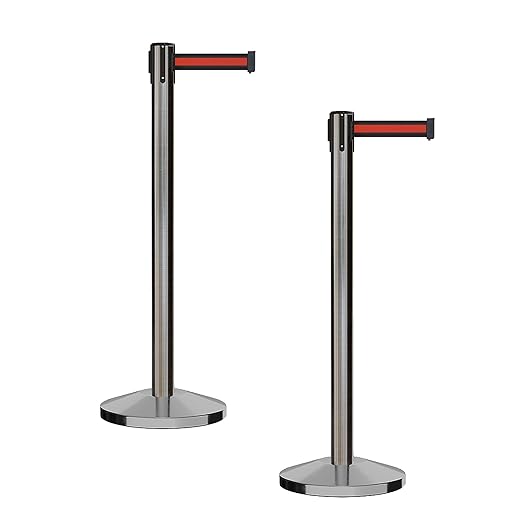 CCW Series RBB-100 - Set of 2 Stanchion Retractable Belt Barriers (9 Foot Belt, Black with Horizontal Red Stripe Belt with Satin Stainless Steel Post)