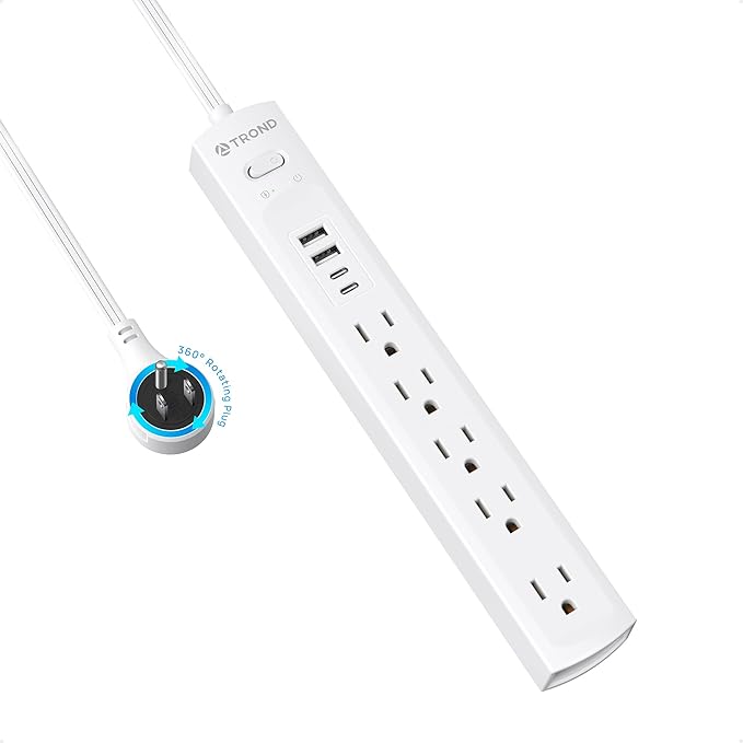 TROND 360° Rotating Plug Surge Protector Power Strip, Flat Plug Power Strip with 2 USB C and 2 USB A, 1440J Surge Protector, Wall Mountable, Flat Extension Cord 3ft for Home Office Dorm, White