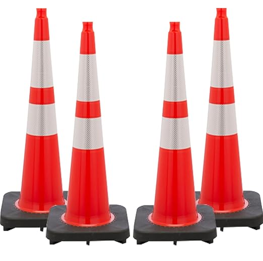 (4 Cones) BESEA 36” inch Orange PVC Traffic Cones, Black Base Construction Safety Cones Road Parking Cone Structurally Stable Wearproof (36" Height)