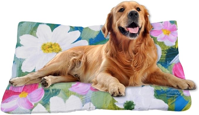 White Pink Floral Dog Beds& Furniture Washable Crate Mat Dog Crate Padding Medium Bed Washable Non-Slip Small Pad House Bed Mat Small Pillow for Indoor Outdoor 24X18 Inch