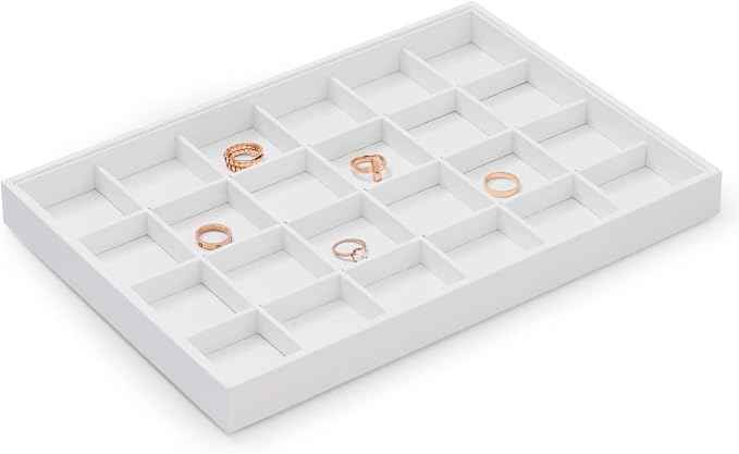 Oirlv Premium White Leather Stackable Jewelry Tray 24 Grid Jewelry Drawer