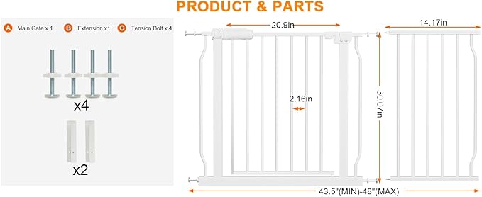 HOOEN Wide Baby Gates for Doorway Stairs Indoor Child Gate for Kid or Pet Dogs Walk Through Pressure Mounted Baby Gate 43.5-48 Inch Wide