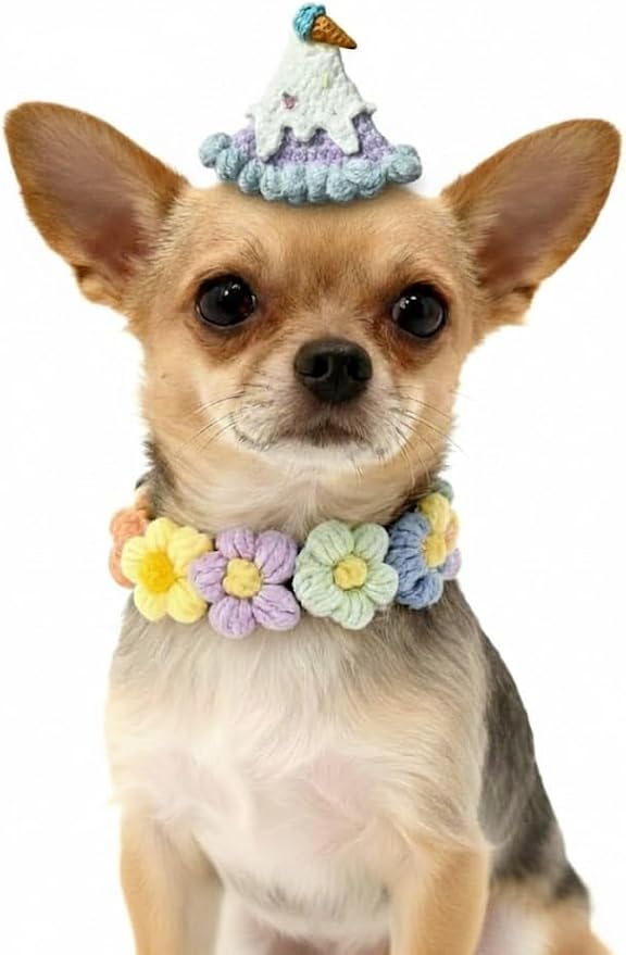 Handmade Dog Outfit– Ice Cream Cat Hat & Floral Wreath Dog Collar for Rabbits, Cats and Small to Medium Dogs, Adjustable Cute Cat Outfit for Birthday, Holiday, Daily Wear & Photos