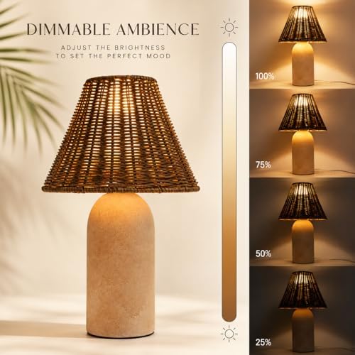14" Small Mini Wicker Table Lamp – Handmade Ceramic Base with Rattan Shade, Dimmable Nightstand or Accent Light for Nursey, Kitchen Counter, Small Spaces, Bookshelf, Nightstand – Boho Decor