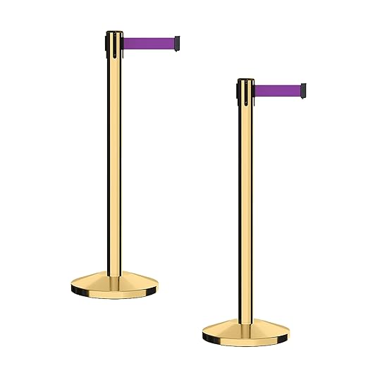 CCW Series RBB-100 - Set of 2 Stanchion Retractable Belt Barriers (11 Foot Belt, Purple Belt with Polished Brass Post)
