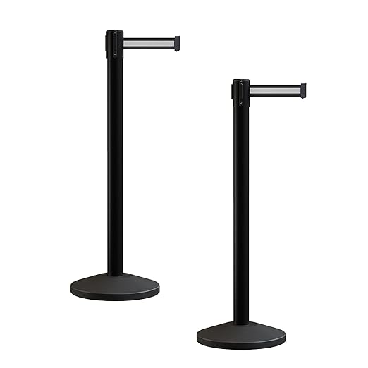Crowd Control Warehouse CCW Series RBB-100 - Set of 2 Stanchion Retractable Belt Barriers - 7.5 Foot, Black White Horizontal Stripe Belt with Black Post - Easy Assembly
