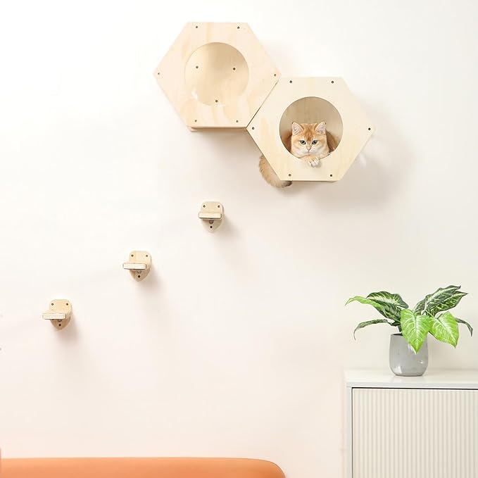 KATRIS Cat Shelves with 3 Steps Scratcher Post & Hammock, Wall Mounted Climbing Shelf for Indoor Cats (Wood)