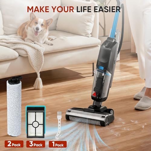 5-Pack 3831 Brush Roll and Filter for Bissell Crosswave Hard Floor Expert Vacuum 3831 HF2 3845N 3847 3848, 2 Brush Rolls + 3 Filters, Wet Dry Vacuum Accessory Kit